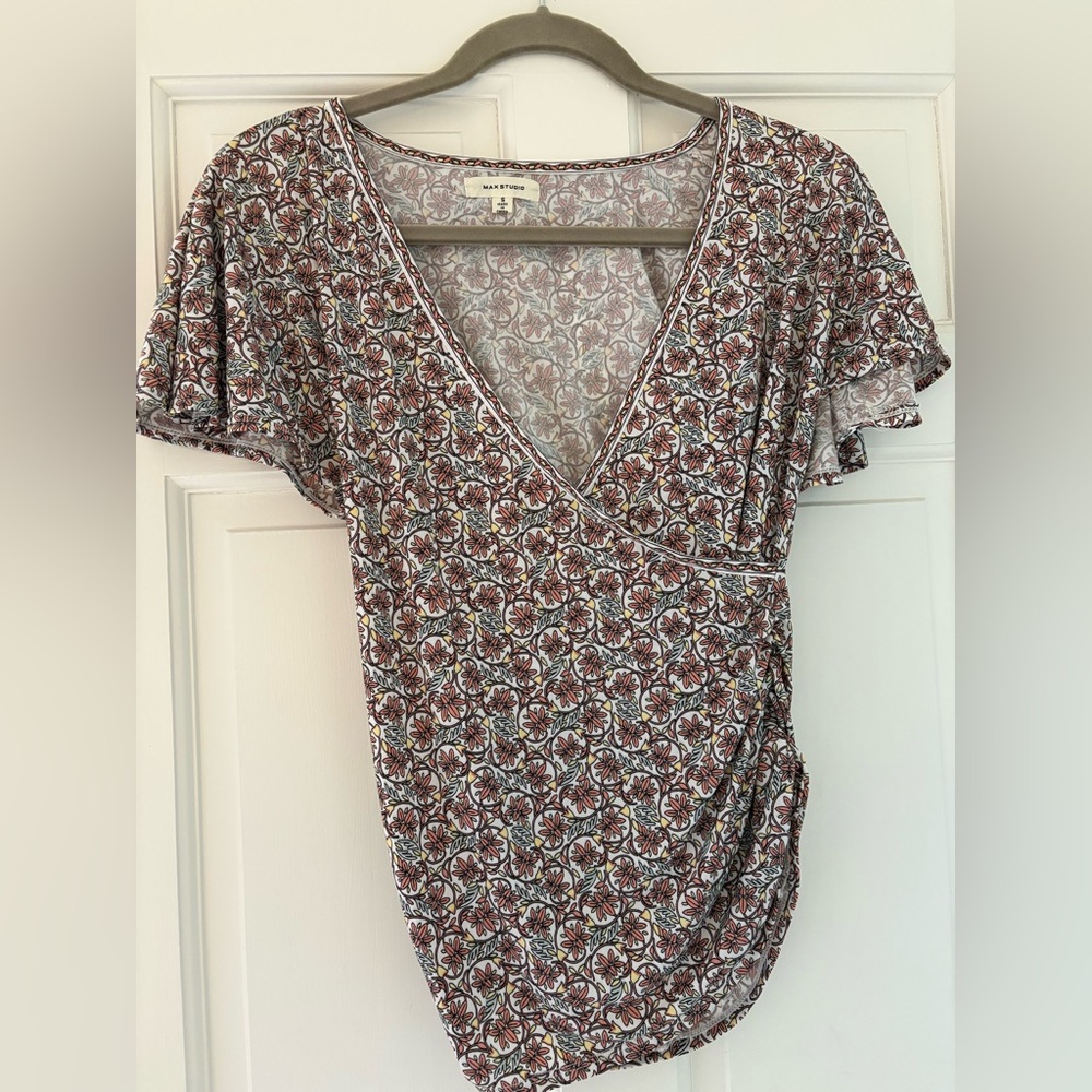 Max Studio Mauve Floral Wrap V-Neck Top